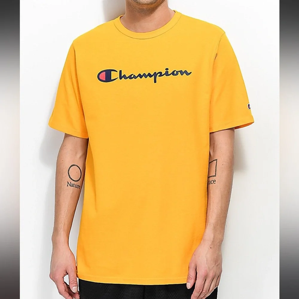 Champion Tee T Shirt Mens Small Yellow Knit Short‎ Sleeve Crew Neck 100% Cotton